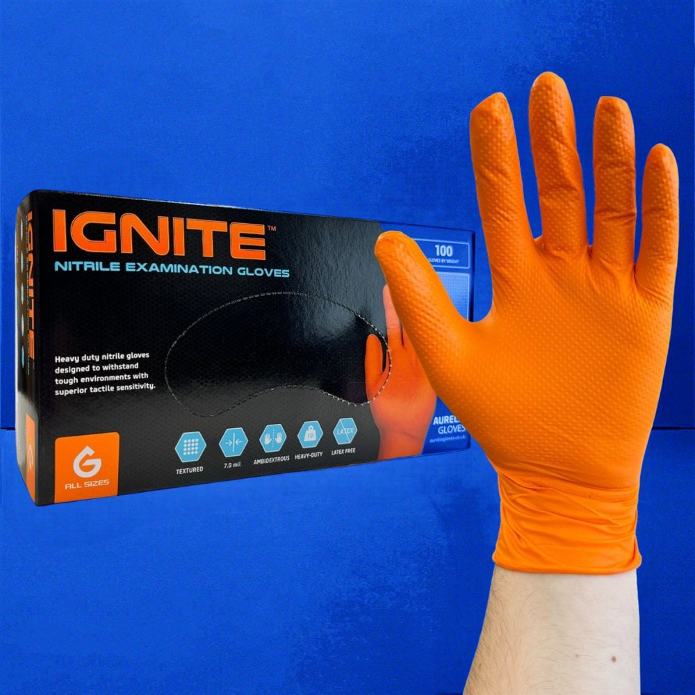 Ignite Heavy Duty Orange Nitrile Gloves