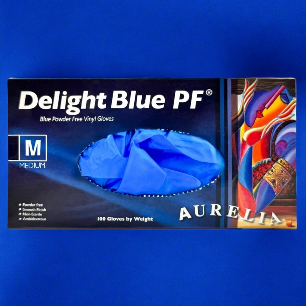 Aurelia - Delight Blue Vinyl Gloves - Powder Free